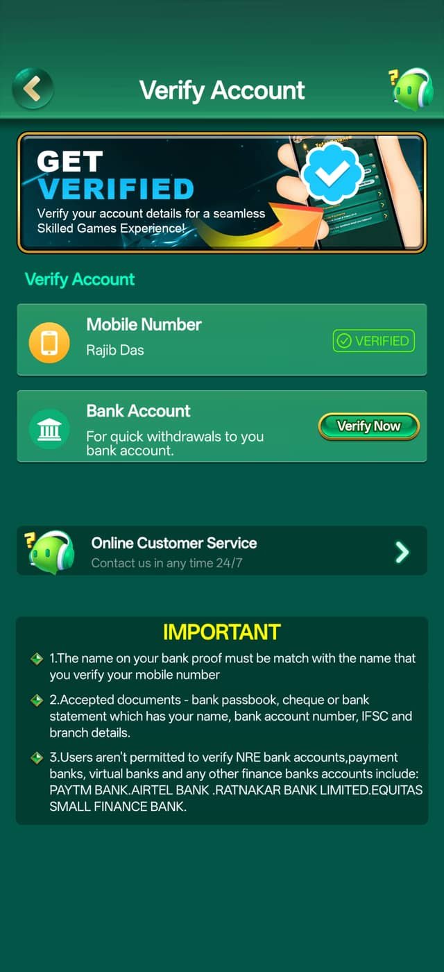 YonoRummy verify account screen for mobile number and bank account KYC verification